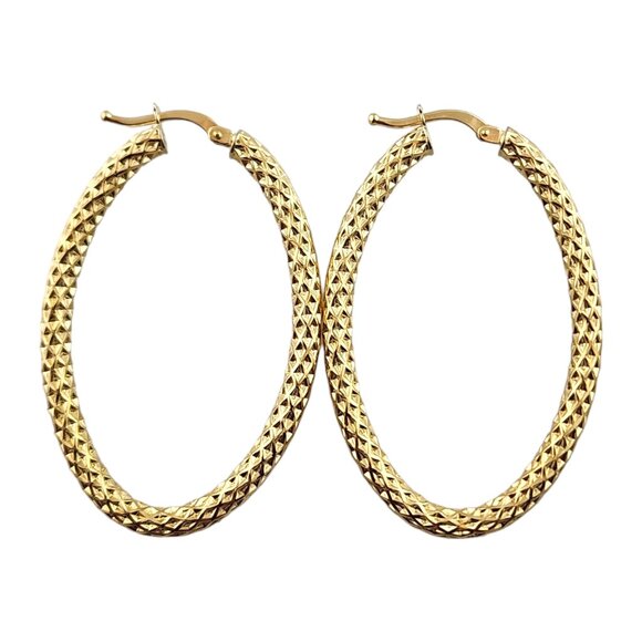 18K Yellow Gold Oval Textured Hoop Earrings #18317 - Picture 1 of 7